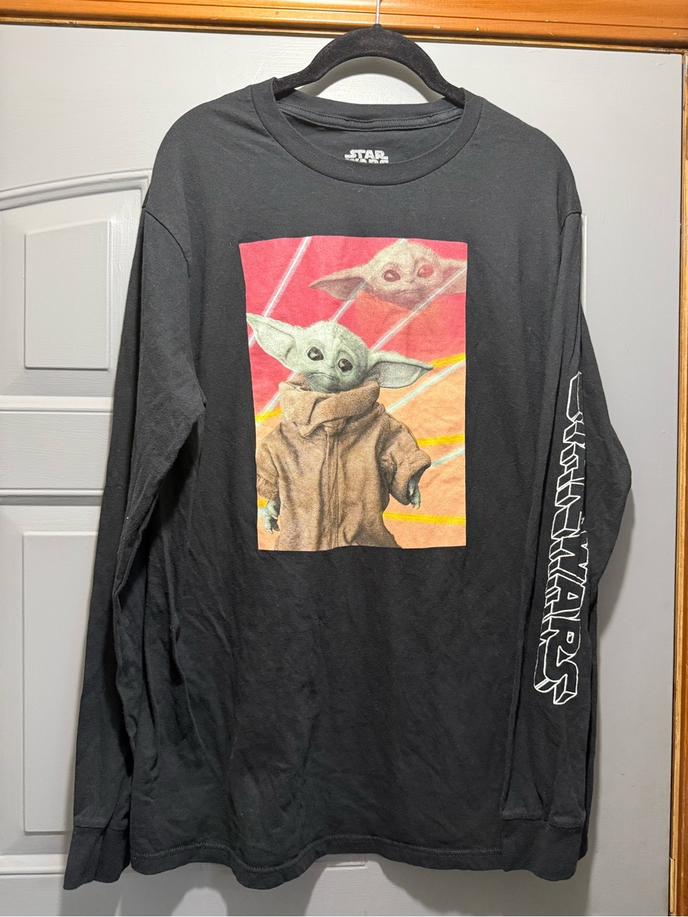Star Wars Black Long Sleeve Tee with Grogu Color Block Graphic